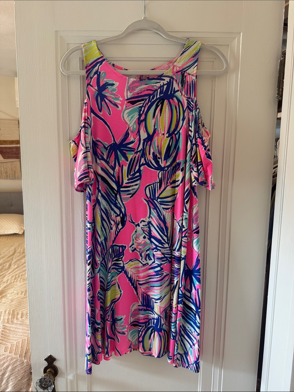Lilly Pulitzer Hot Pink Tropical Cold-Shoulder Midi Dress